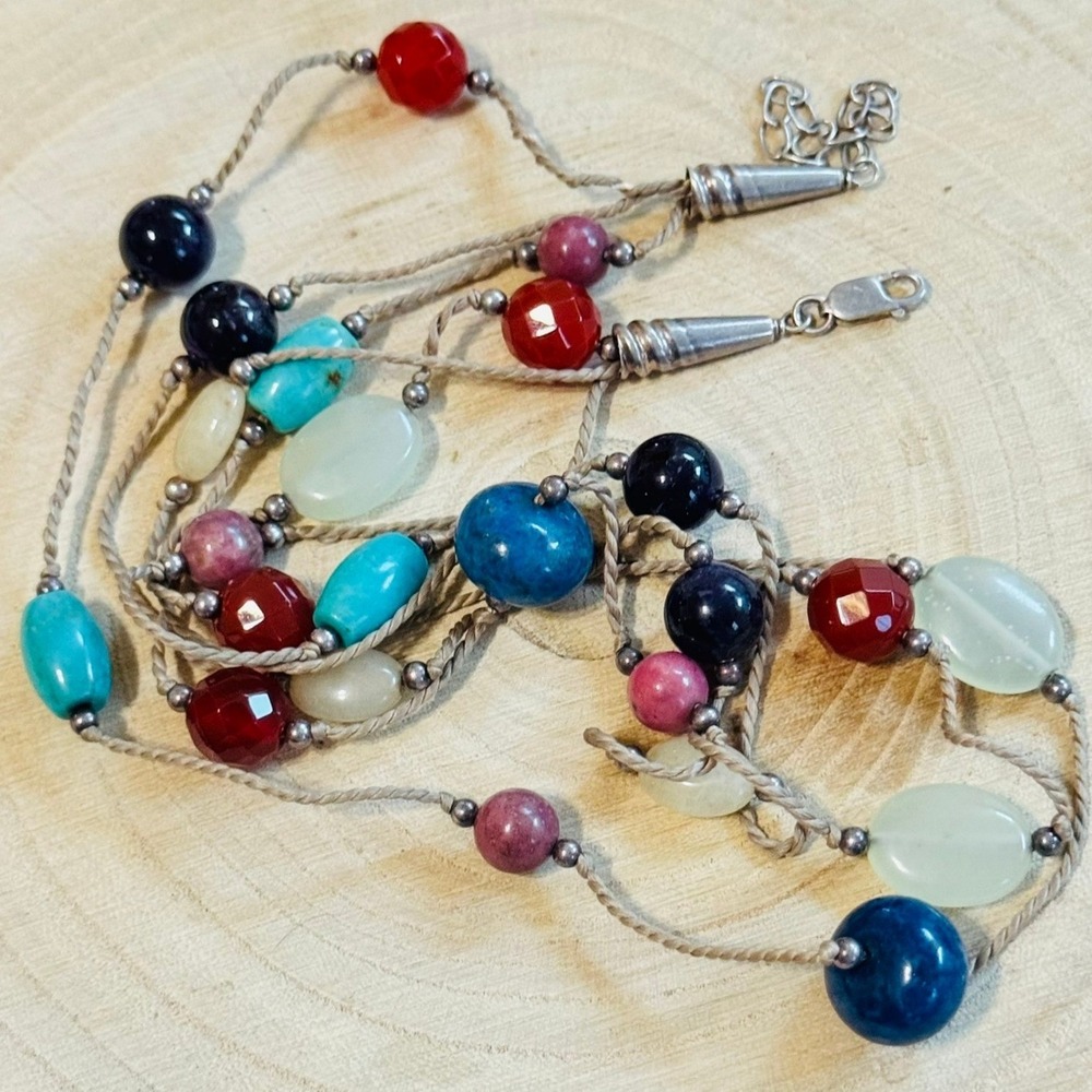 AIL Aluma QVC collar Necklace‎ multi stone triple strand Beaded sterling 925 20"